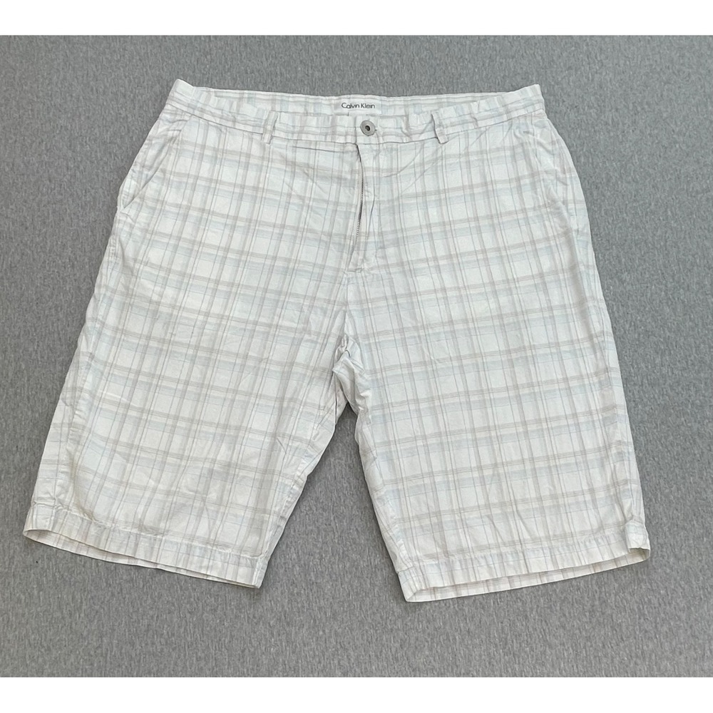 Calvin Klein Shorts Mens 36 Plaid 100% Cotton Flat Front Chino 11" Inseam